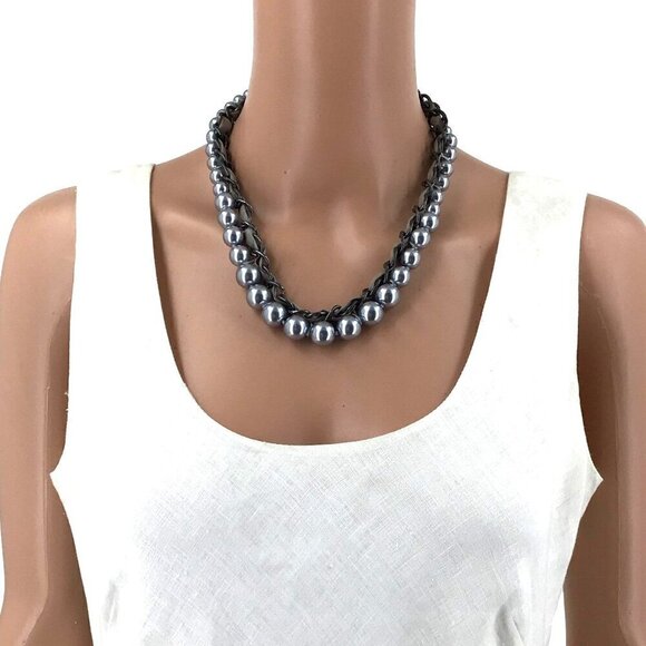 Coldwater Creek Necklace Faux Pearl Chain Ribbon Mix Gray - Picture 2 of 2